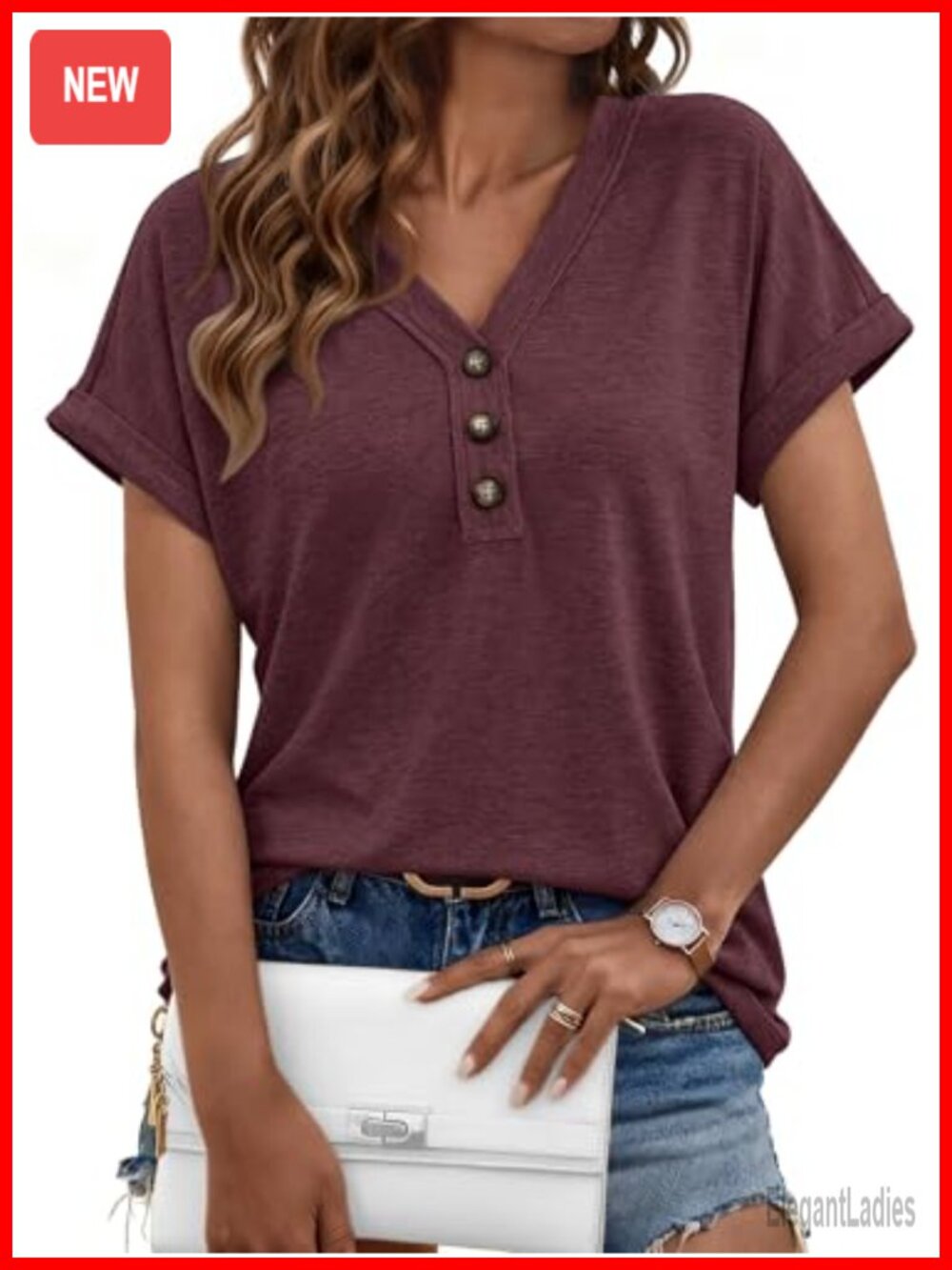 Womens Short Sleeve V Neck Henley T Shirt Loose Casual Summer Top